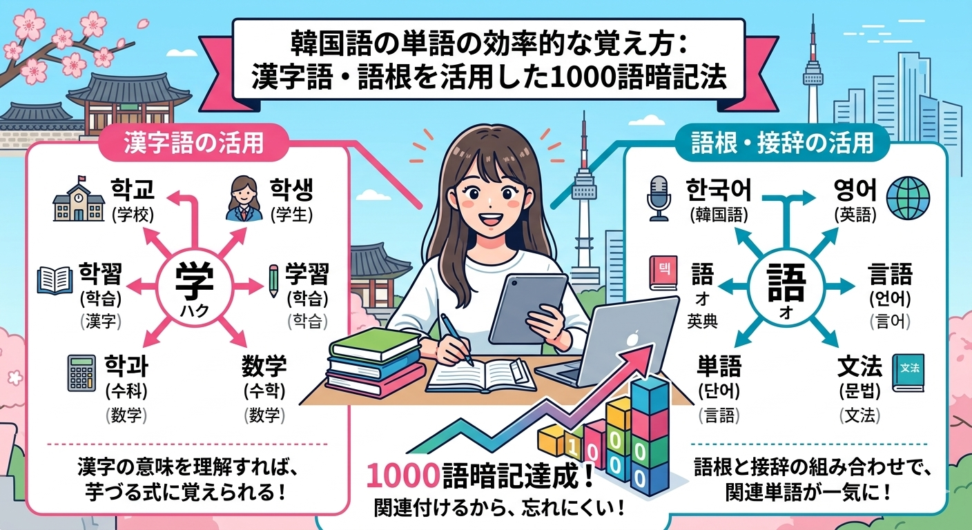韓国語の単語の効率的な覚え方:漢字語・語根を活用した1000語暗記法 - 語学学習 韓国語の単語の効率的な覚え方:漢字語・語根を活用した1000語暗記法 - Word Master NOTE ブログ